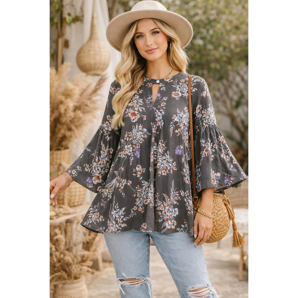 Umgee USA Medium Floral Bell Sleeve Swing Top Boho Cottagecore Fall Blouse